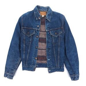 VINTAGE Levis Big E Trucker Denim Jacket Troy Blanket Wool 70s Western Boho